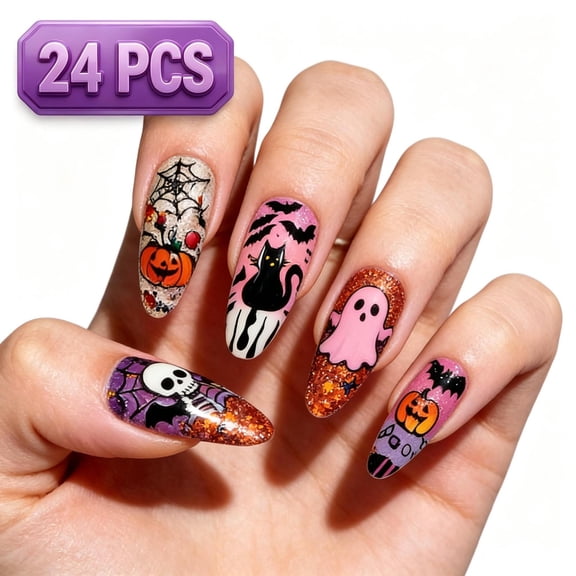 Halloween Press On Nails Acrylic Nails Medium Almond Fake Nails False Nails Artificial Nails Wearable Stick On Nail Tips, Pumpkin Ghost Cat Spider Web Glitter Reusable Salon DIY Nails for Women 24PCS