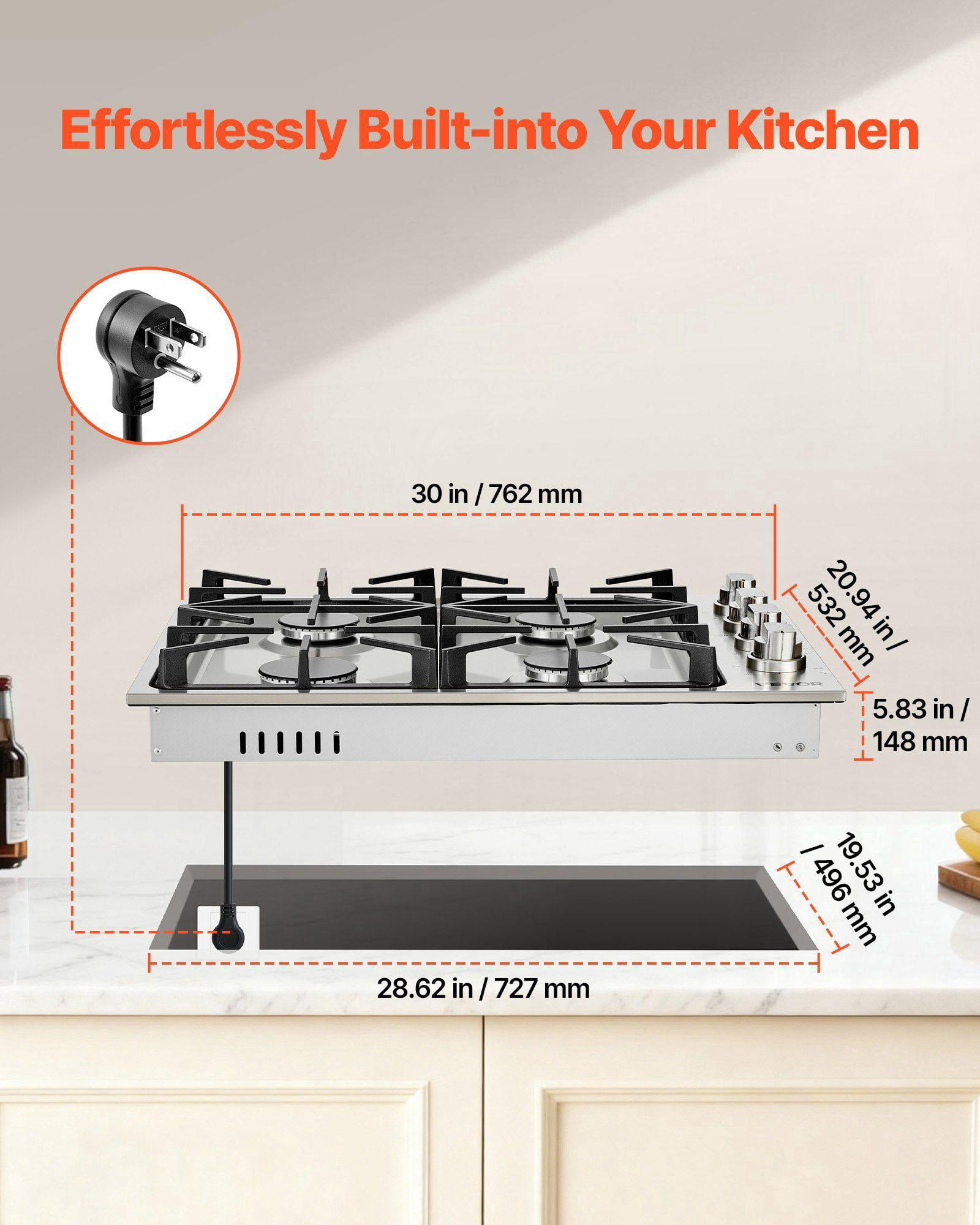 30 Inch 4 Burner Gas Cooktop 48000 BTU Stainless Steel Built In LPG NG Convertible Dual Fuel Sealed Burner Stove Top for Sear Stew Boil Stir Fry
