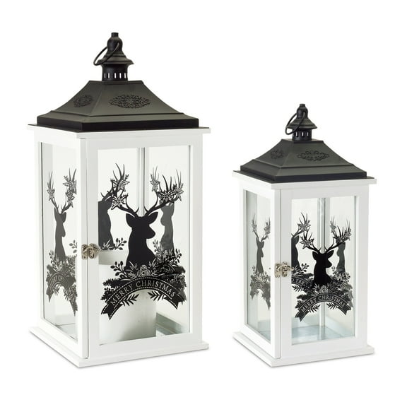 Maykoosh Wood Merry Christmas Lantern With Deer Design (Set Of 2)
