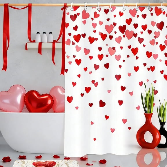 Valentine's Day Shower Curtain with Falling Red Hearts, 71x71 Inch Waterproof Fabric Bathroom Decor, Cute Romantic Shower Curtain for Couples Gift, Machine Washable