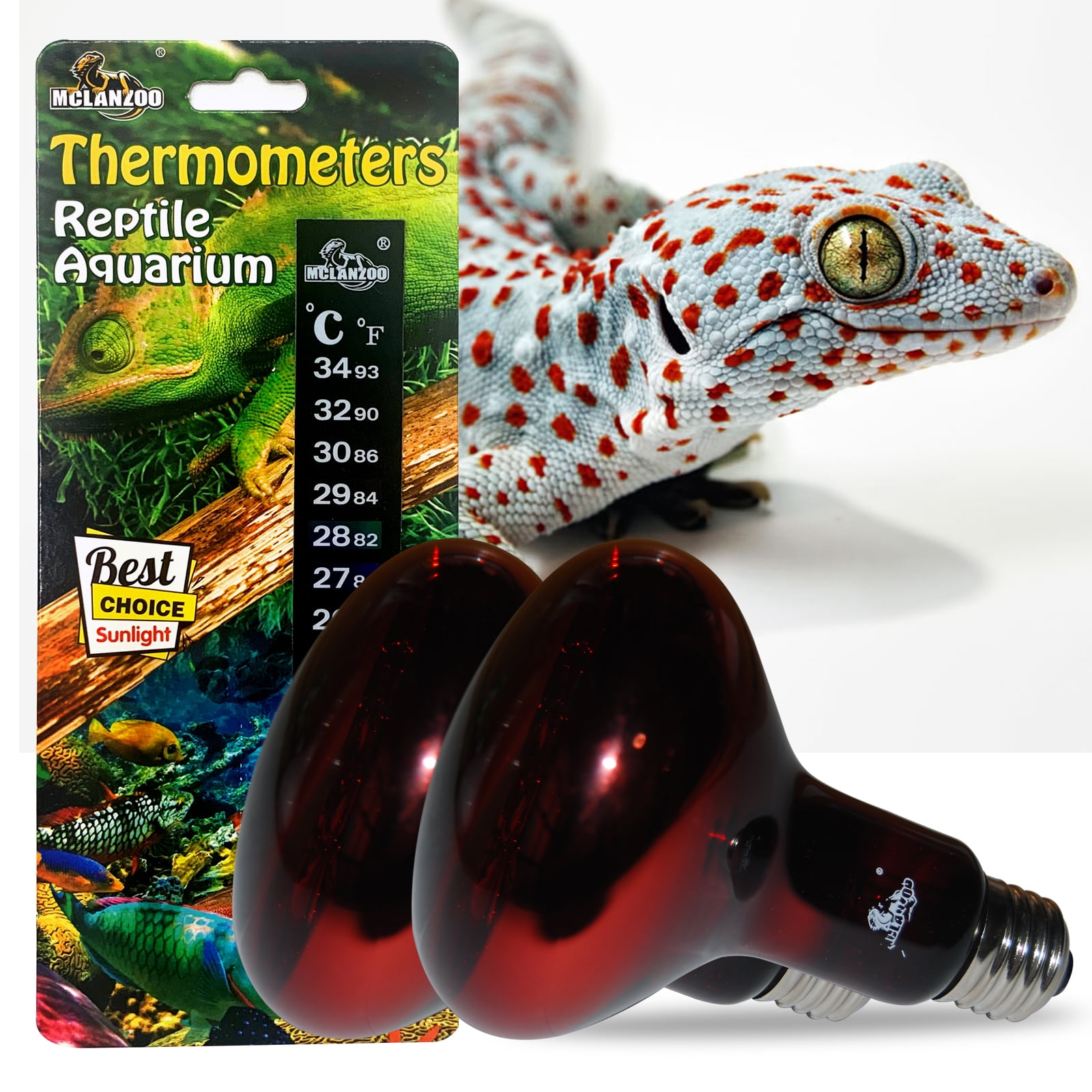 MCLANZOO 2 Pack 100W Reptile Heat Lamp Bulb Infrared Basking Spot Heat Lamp for Reptiles & Bearded Dragon Amphibian, Chicks, Dog Heating Use with Stick-on Digital Temperature Thermometer