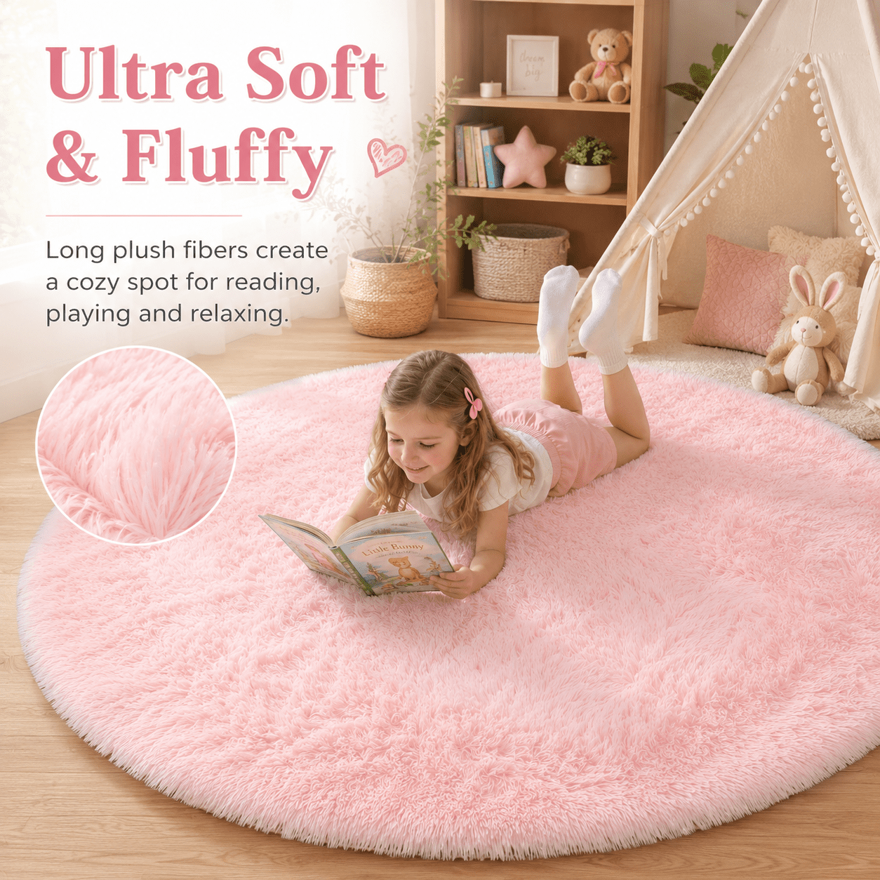Sanmadrola Round Area Rug for Bedroom Fluffy Circle Rug 5.2'X5.2' for Kids Room Furry Carpet for Girls Bedroom Shaggy Circular Rug for Nursery Room Fuzzy Plush Rug Dorm Cute Room Decor for Baby Pink