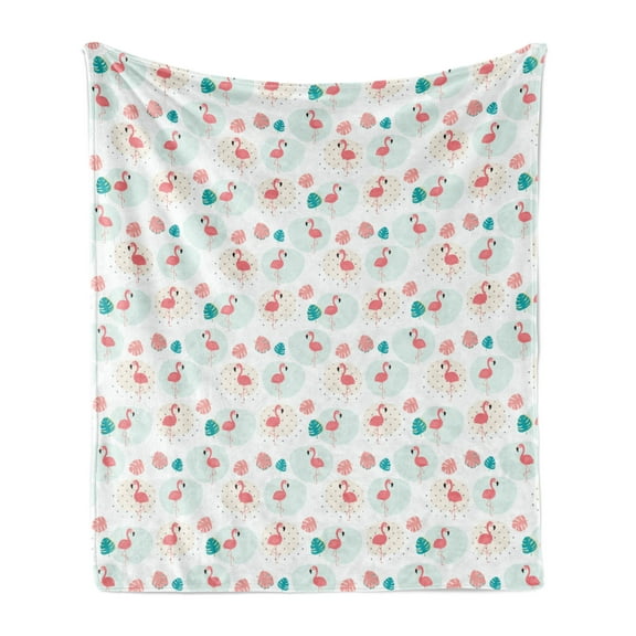 Tropical Soft Flannel Fleece Throw Blanket, Flamingo Birds on Polka Dots Exotic Monstera Leaves Pastel Hawaiian, Cozy Plush for Indoor and Outdoor Use, 70" x 90", Coral and Dark Seafoam, by Ambesonne