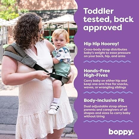 Boppy ComfyHold Cross-Body Hip Baby Carrier - Light, Compact, and Breathable with Wide Comfy Seat and Snug No-Slip Fit, Baby Safety Alliance Verified