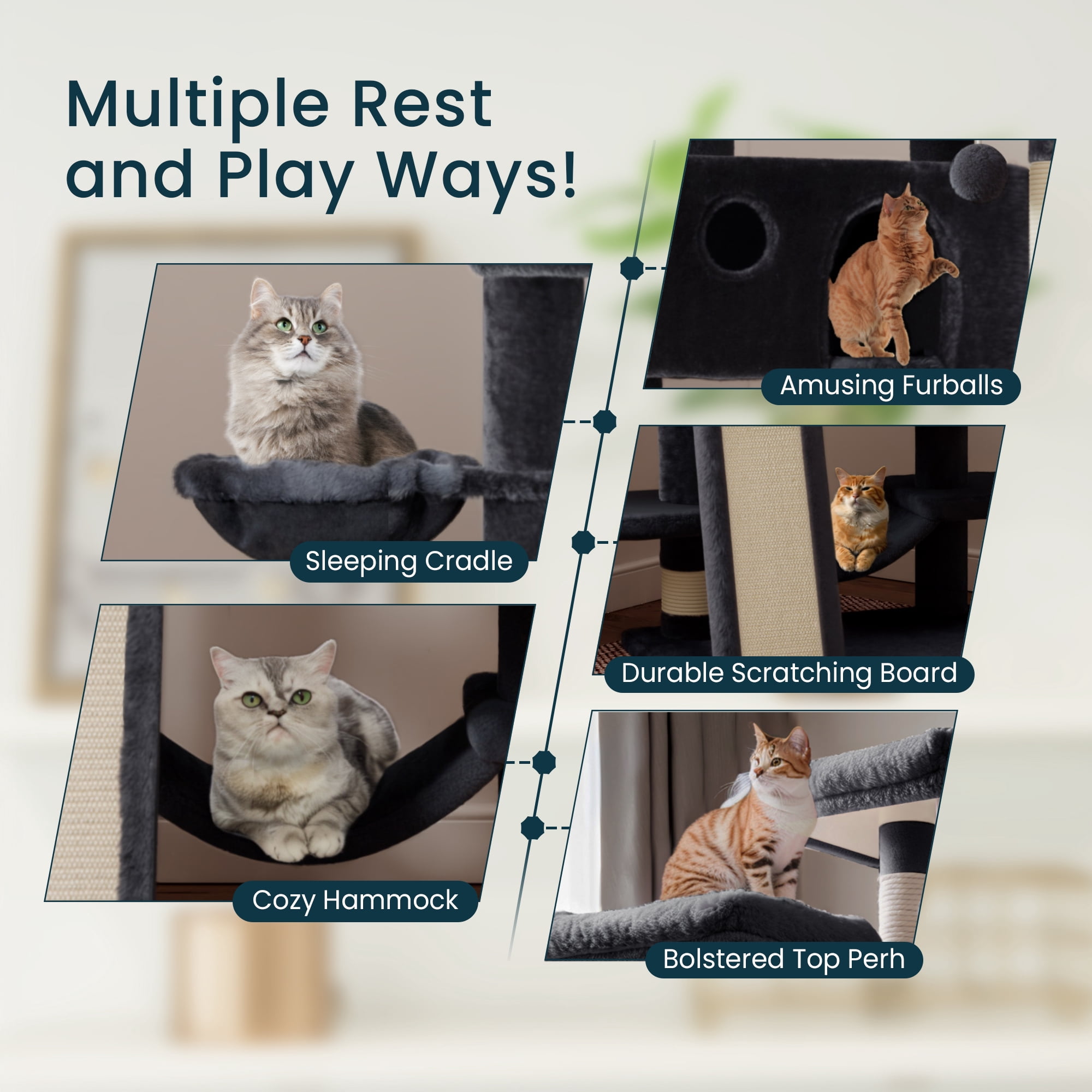 Merrland 65.7 " Large Cat Tree Tower Condo for Cats with 2 Scratching Ramps, Hammock & Scratching Posts, Dark Blue