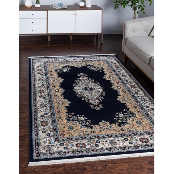Rugs.com Rabia Collection Rug – 10' x 13' Navy Blue Low Rug Perfect For Living Rooms, Large Dining Rooms, Open Floorplans