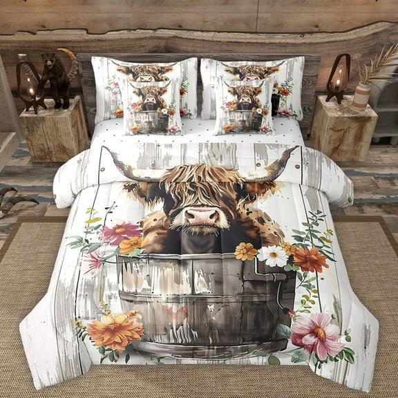 Manfei Floral Highland Cow Twin Bedding Sets 7-Piece for Boys Girls,Farmhouse Animal Bedding Comforter Set Microfiber,Vintage Aesthetics Breathable Sheet Sets,Luxury Bedroom Decor,Reversible