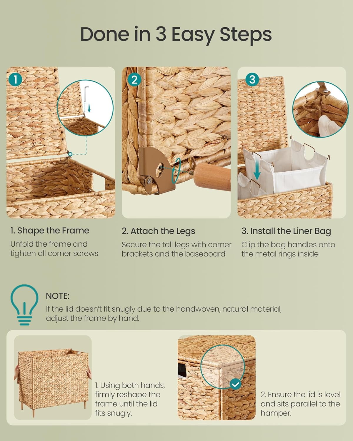 FeGemax Laundry Hamper 3 Sections, 47.5 Gal. (180 L) Handwoven Water Hyacinth Wicker Laundry Basket with Lid, Natural Material, Removable Machine Washable Liners, Handles, Natural ULCB203Y01