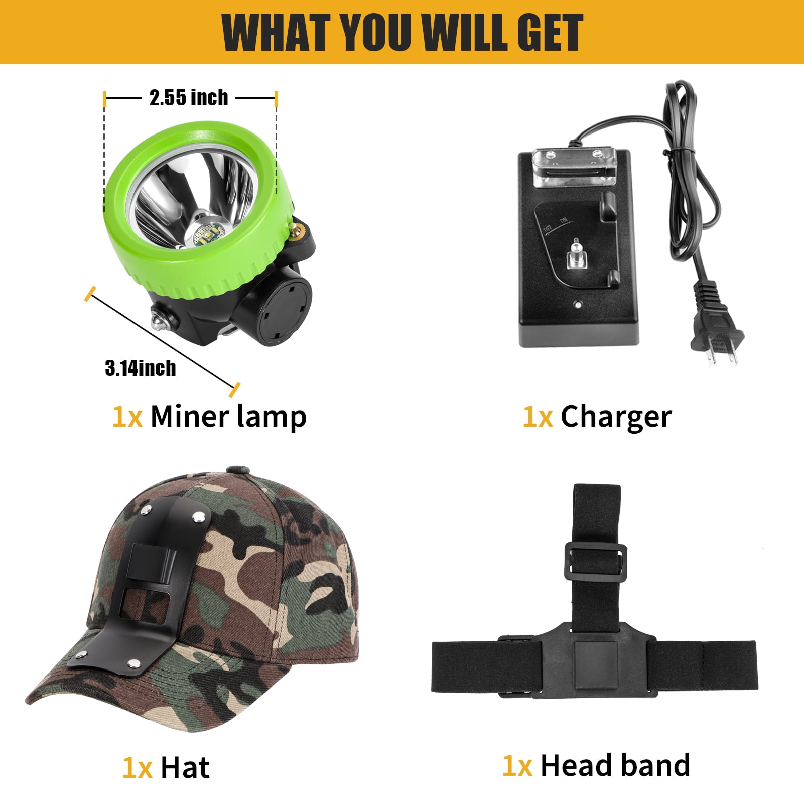 Yongkist Rechargeable LED Mining Headlamp with Hard Hat, Waterproof White Light, Camouflage Miner Cap, Durable Headlight for Underground Work and Outdoor Use