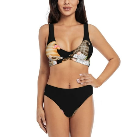 Zeuib Coffee Gnome (2) High Waisted Tummy Control Bikini Set - Knot Front Push Up Top & Cheeky Thong Bottom  Two-Piece Swimsuit for Women-Medium