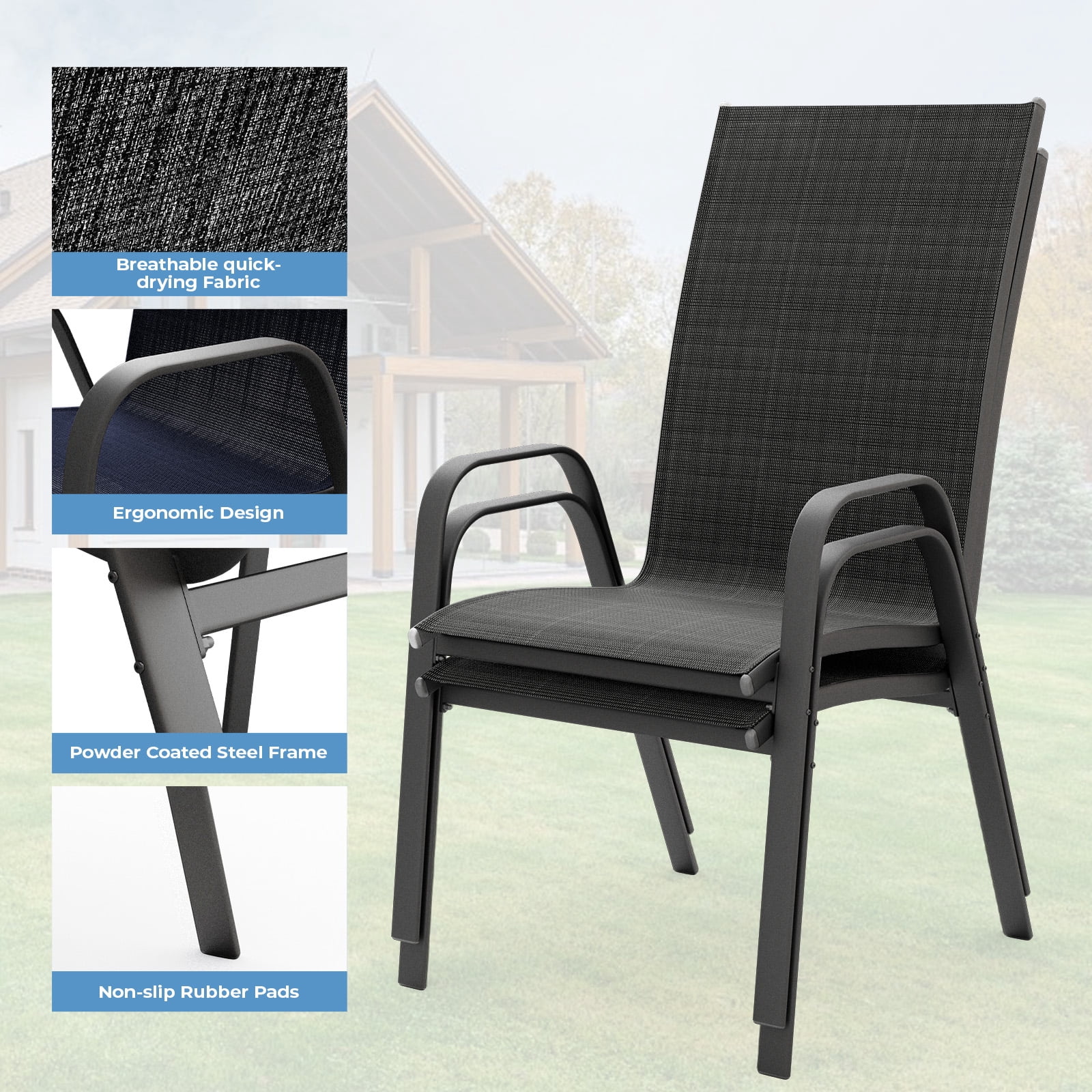 FUNDAZE Outdoor Dining Chairs Set of 4, Patio Dining Chair Stackable Armrest Patio Chairs Space Saving for Garden Backyard Deck, Black