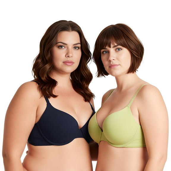 Curve Muse Women's Light Lift Add 1 Cup Push Up Underwire Convertible Tshirt Bra-2PK-Black Iris,Pale Green-32B