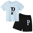 thumbnail image 2 of Conjunto de 2 piezas de camiseta y pantalones cortos de algodón con letras simples vintage de verano 2024 para niños, moda de tendencia para bebés y niñas, 2 of 5