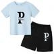 thumbnail image 2 of Conjunto de 2 piezas de camiseta y pantalones cortos de algodón con letras simples vintage de verano 2024 para niños, moda de tendencia para bebés y niñas, 2 of 5