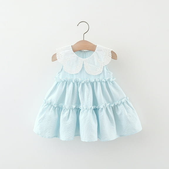HOMADLES Summer Dress for Girls Crewneck Sleeveless Solid Bow Mesh Crewneck Stretch Casual Princess Dress Blue 18 Months