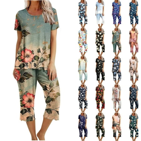 BiZtdJrK Womens Floral Print Pajama Sets Short Sleeve Sleepwear Tops and Capri Pants Pjs Set Comfy 2 Peice Loungewear Yellow Black XXL