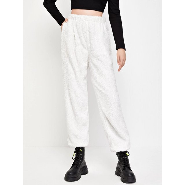 Opperiaya Women Plush Casual Pants, Elastic Leg Simple Style Solid Color