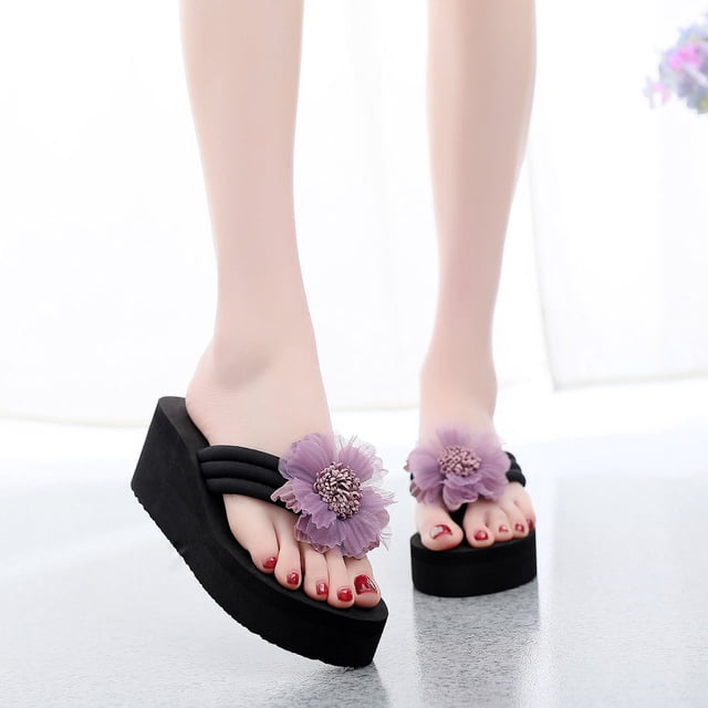 LSLJS Pantoufles pour Femmes, Femmes Dames Été Fleur Maison Compensées Chaussures de Plage Sandales Flip Flops Pantoufles