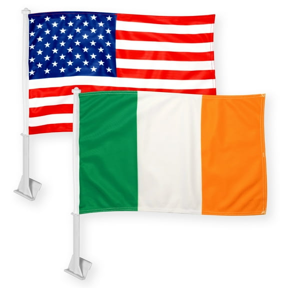 G128 Combo Pack: American USA Car Flag & Ireland Irish Car Flag 11x17 In | Both Double Sided Printed 150D Polyester | Flagpole Included | Perfect for Festival Celebrations, Parades