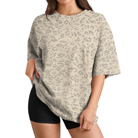 Leopard Print Shirts For Women Crew Neck Short Sleeve Oversized Tshirts Womens Casual Athletic Loose Fit Trendy Tee For Workout & Daily Wear