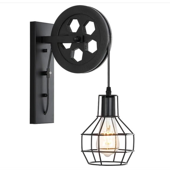 Light Rustic Wall Light Lift Pulley with Matte Iron Cage Lampshade Industrial Mid Century Sconce for Indoor Lighting Barn Restaurant (Black Color)