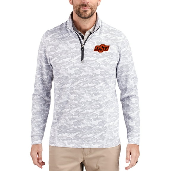 Men's-Cutter & Buck  Gray Oklahoma State Cowboys Traverse Stretch Eco Camo DryTec Tri-Blend Quarter-Zip Pullover