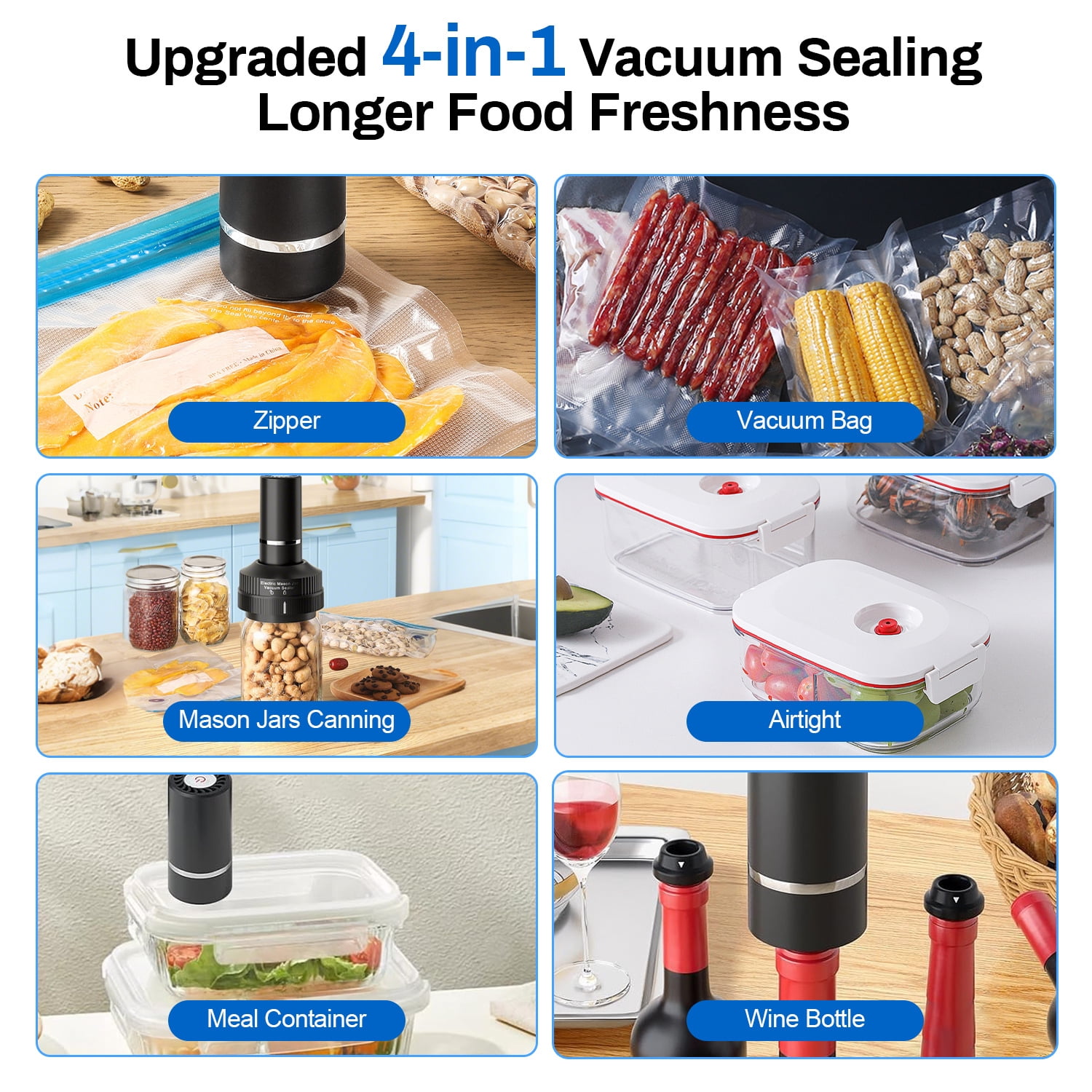 Electric Mason Jar Vacuum Sealer, 4 in 1 Vacuum Sealer Kit for Wide-Mouth & Regular-Mouth Mason Jars, Automatic Jar Sealer Stop for Food Storage Bags, Wine Bottles,Kitchen Tools