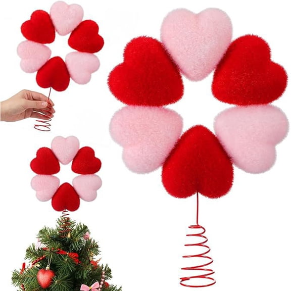 Taicans Red Flocked Heart Tree Topper,11.8x7.8in Valentine's Day Christmas Tree Decor,Festive Ornament for Holiday Party Decorations