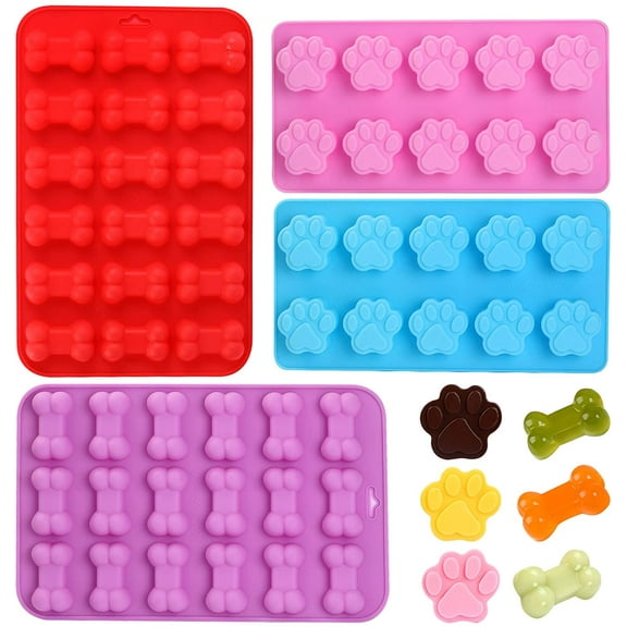Dog Bone Silicone Molds Dog Treats Molds Paw Print Shaped Chocolate Candy Soap Mold 4PCS for Homemade Jelly Ice Cube Blue Pink Red Purple