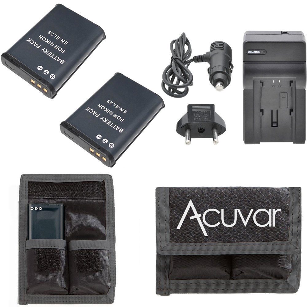 2 ENEL23 Batteries for Nikon + Car/Home Charger + Battery Pouch for Nikon COOLPIX P600, S810c