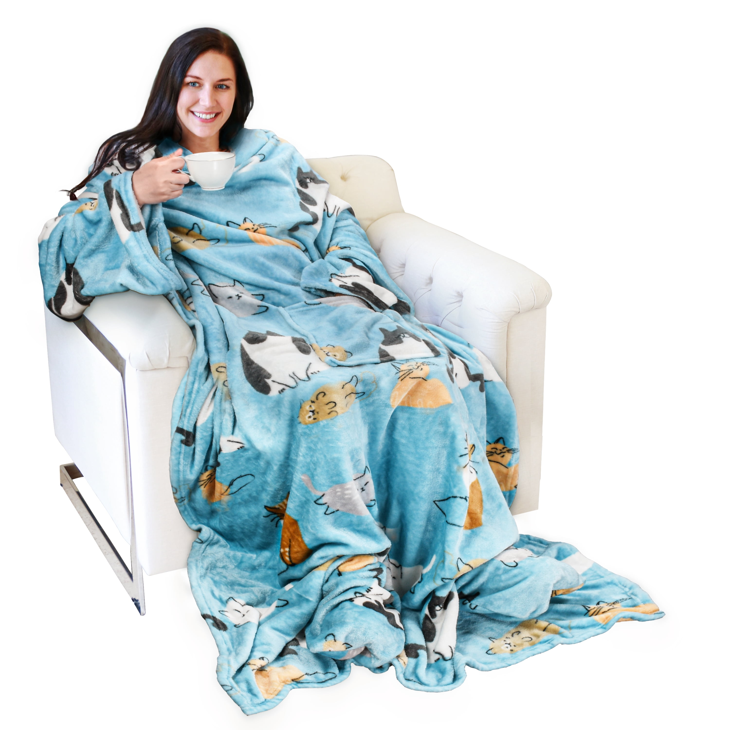 Catalonia Wearable Fleece Blanket with Sleeves and Foot Pockets for Adult Women and Men, Micro Plush Comfy Wrap Sleeved Throw Blanket Robe, Large, Blue Cat