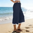 thumbnail image 6 of Cagogo Women Wide Leg Capri Pants Summer Casual Cotton Linen Loose Elastic High Waisted Palazzo Pants with Pockets Flowy Beach Lounge Trousers Boho Vacation Wear, Navy XL, 6 of 8