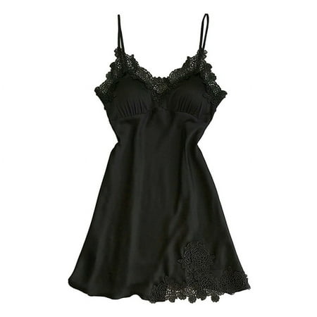 zuwimk Women s Lingerie Women Lingerie Lace Strap Chemise Halter Teddy V Neck Mesh Nightgown Z01-Black S