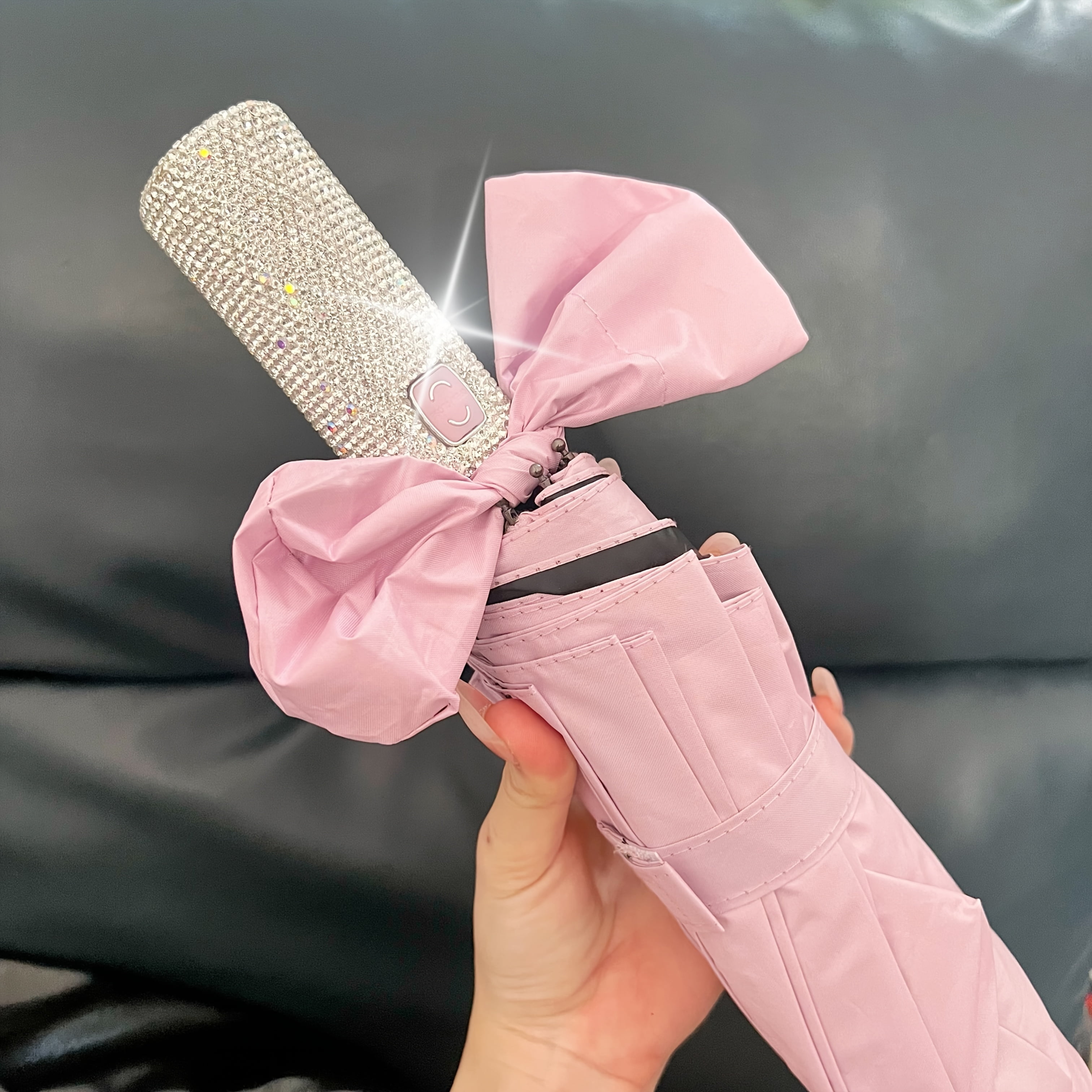Sparkling Rhinestone-Decorated Pink UV Protection Automatic Open Compact Foalding Umbrella with Elegant Bow Handle - 10-Rib Durable Lightweight Portable Design for Women, Casual & Formal Use