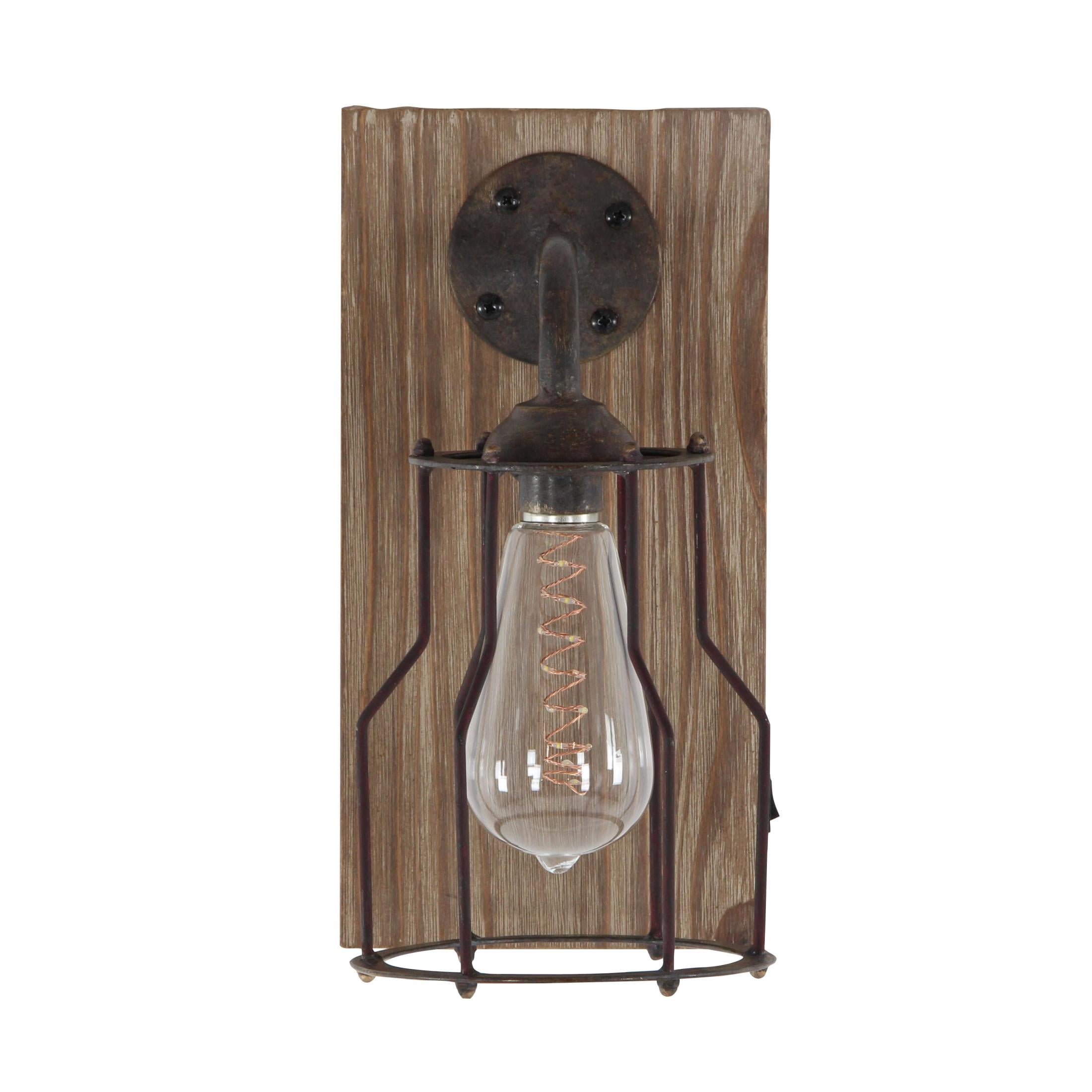 DecMode Industrial Metal Wall Sconce with Wood Backplate and Iron Cage, 6"W x 11"H Features Rustic Brown Finish