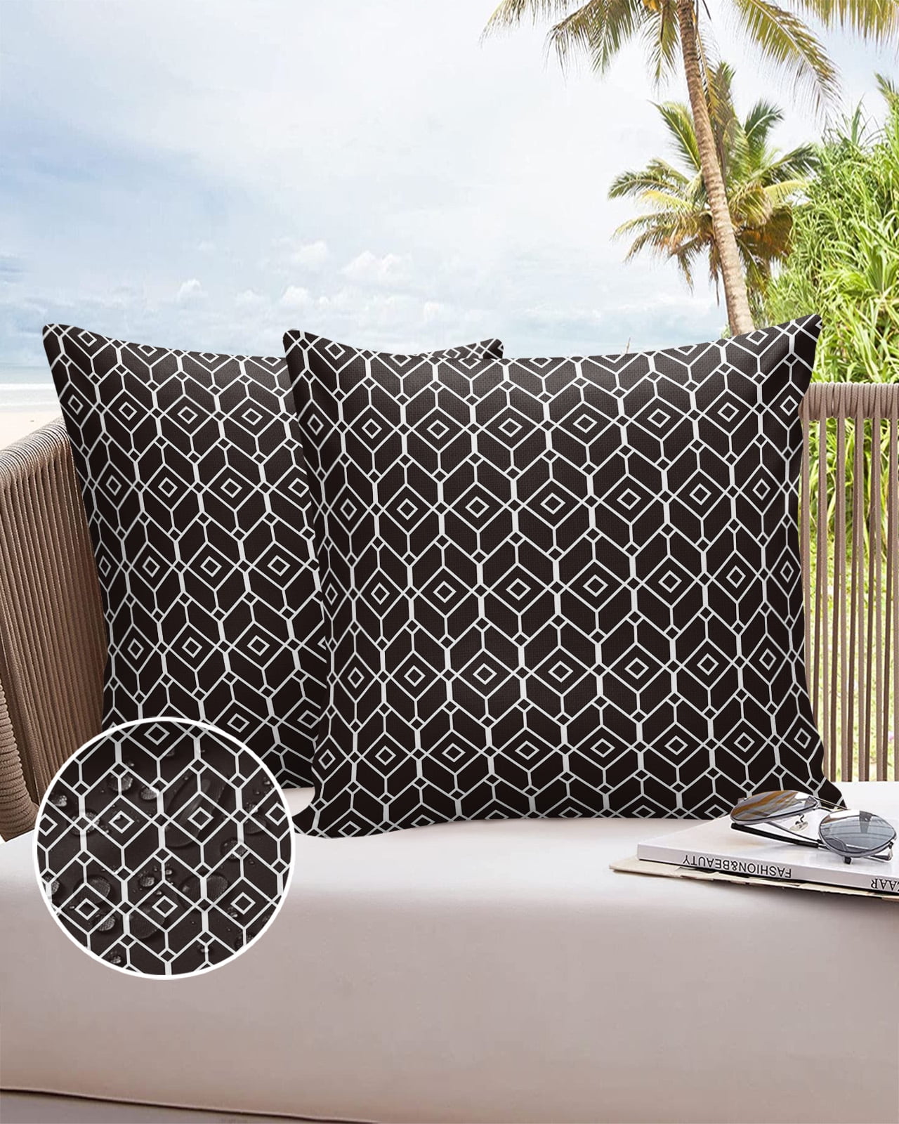 Pack of 2 Outdoor Pillow Covers, Black Modern Geometic Texture Waterproof Square Throw Pillowcase Cushion Decorative Pillow Covers for Couch Patio Tent, 16x16 in