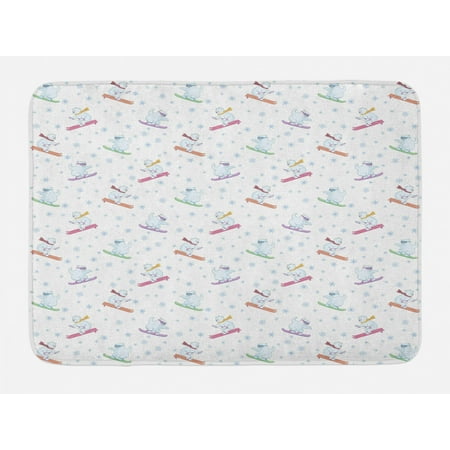 Bear Bath Mat, Funny Polar Teddy Bears on Snowboards Skiing with Scarf and Glasses Ornate Snowflakes, Non-Slip Plush Mat Bathroom Kitchen Laundry Room Decor, 29.5 X 17.5 Inches, Multicolor, Ambesonne