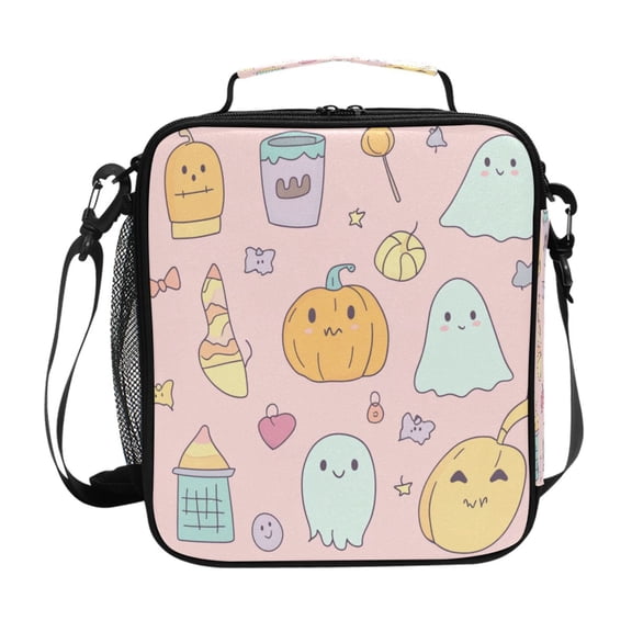Insulated Square Lunch Bag with Side Mesh Pocket Fashion Lunch Box Reusable Lunch Tote 10.5" x9.5" x3.5" Halloween Pink Elements
