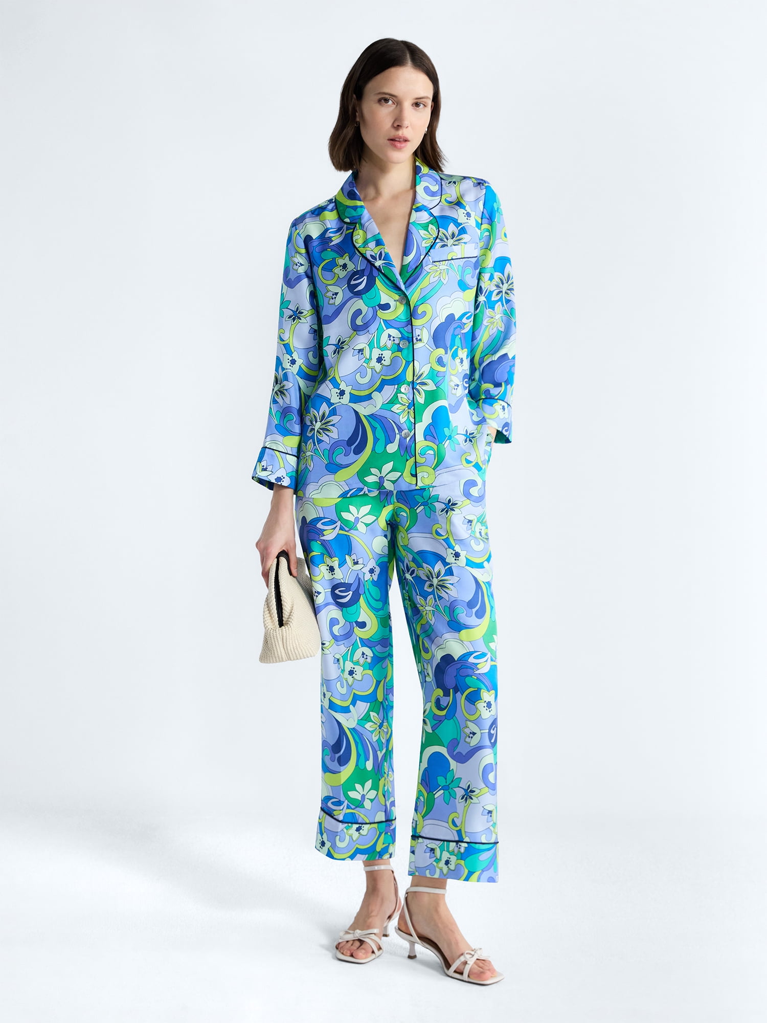 Free Assembly Women's and Women's Plus Silk Day Jama Shirt with Long Sleeves, Sizes XS-4X