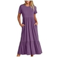 thumbnail image 2 of Feancey Short Sleeve Maxi Dresses for Women with Pockets Casual High Waist Solid Color Long Dress Summer Loose Swing Dresses Tiered Pleated A Line Dress,Pale Purple,L, 2 of 6