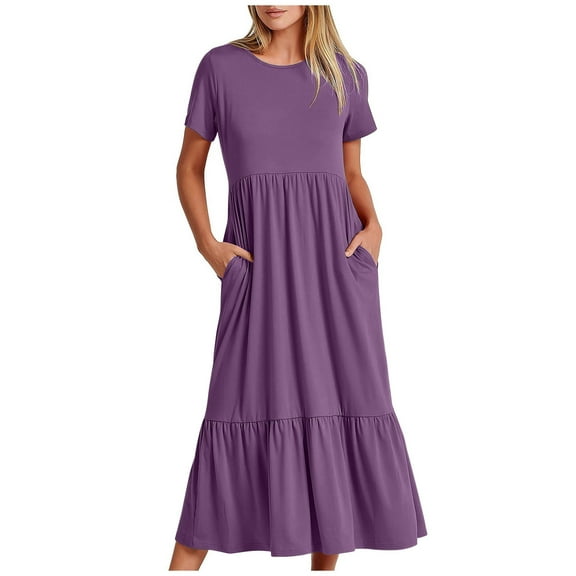 Guieoi Womens Dresses Plus Size 2026 New Trendy Summer Short Sleeve Round Neck Midi Dress Layered Double Pocket Dress Calf-Length Dress Purple L