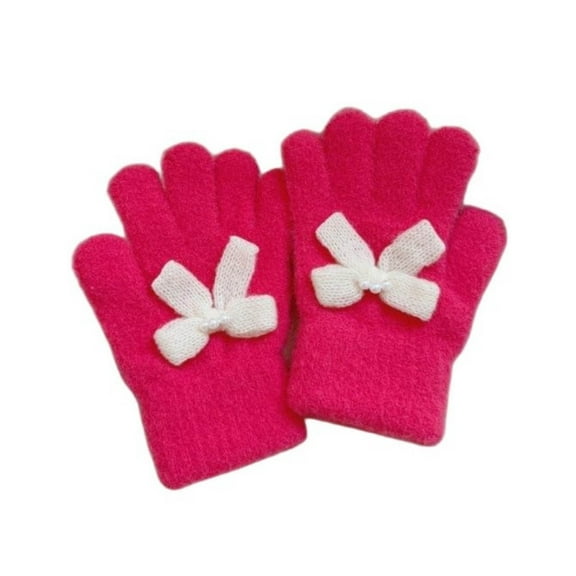 Ugoldhm Girls' Knit Gloves with Bow & Pearl Decor, Cute & Warm Winter Gloves for Ages 3-8