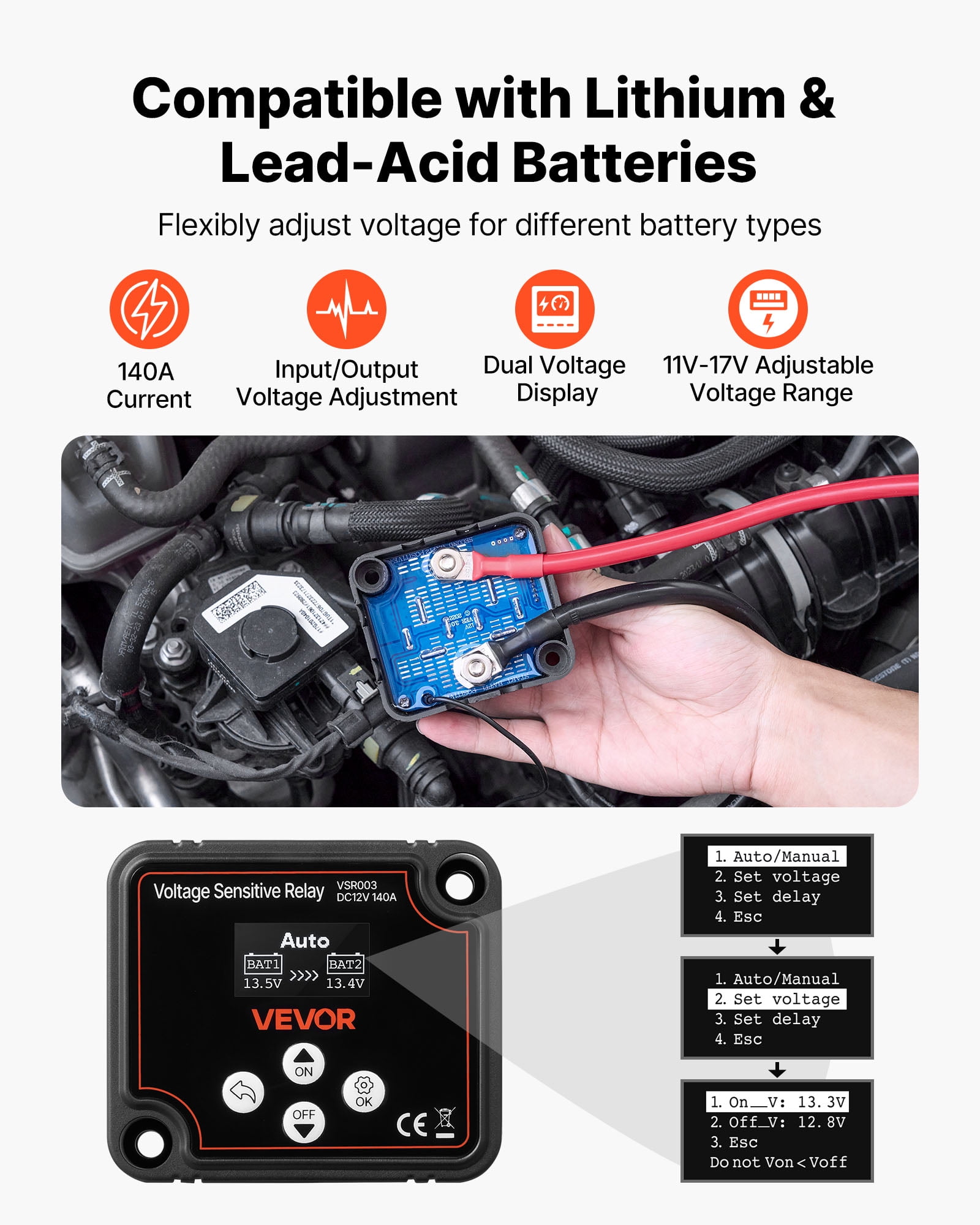 VEVOR Dual Battery Isolator, 12V 140 Amp, Manual and Automatic VSR Voltage Sensitive Relay with LCD Screen, Smart Battery Isolator for Lithium & Lead-Acid Batteries, for Car Truck RV UTV ATV Boat