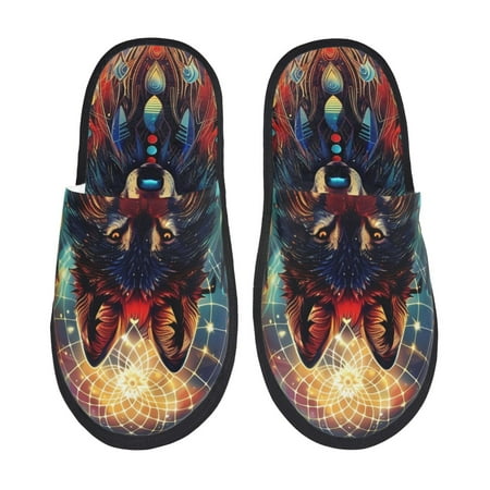 

Fuzoiu Mystic Wolf Dreamcatcher Print Unisex Furry Slippers Plush Indoor Shoes Trendy House Slippers Anti-Skid EVA Sole House Shoes for Home Office and Travel -Medium