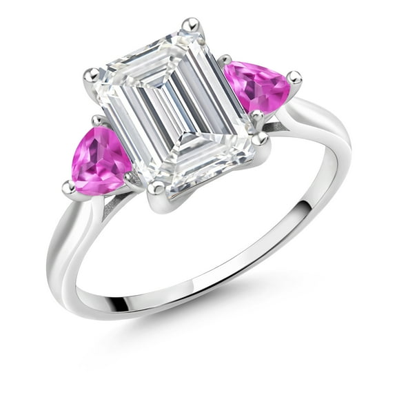 Gem Stone King 3.6 Cttw 10K White Gold IGI Certified VS Lab Grown Diamond & Pink Created Sapphire 3-Stone Engagement Ring for Women | Center Emerald Cut 3 Cttw | 4MM Trillion | Size 5.5