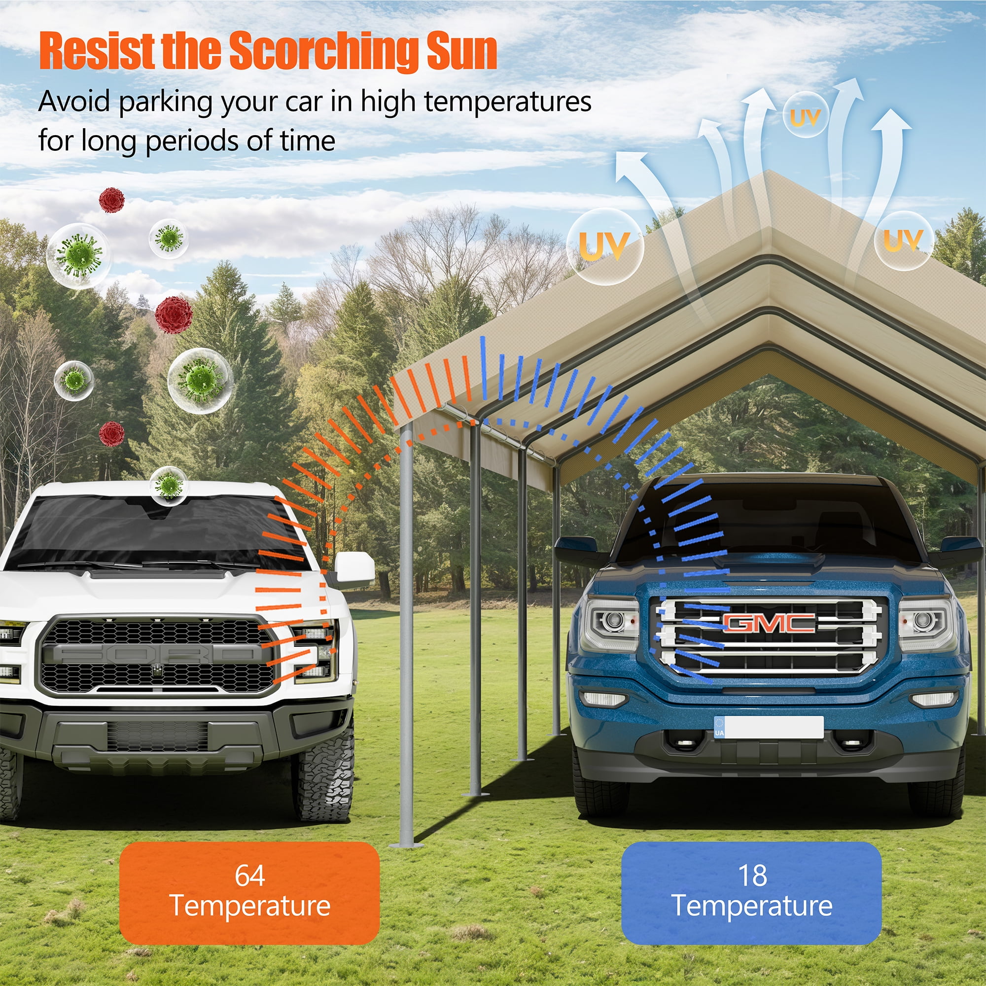 Walsunny Carport 10 x 20 ft Heavy Duty Carport Car Canopy with Powder-Coated Steel Frame, Portable Garage for Car, Boat, Shelter Party Tent with 180g PE Tarp