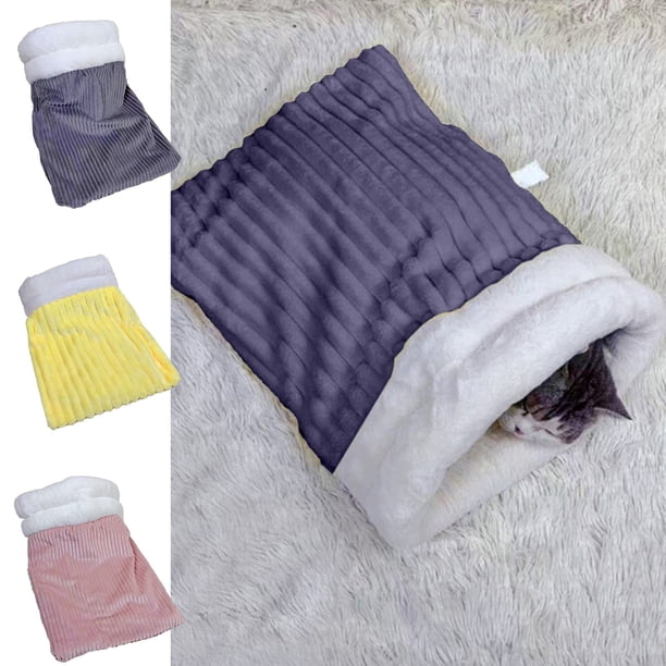 Saco de Dormir para Mascotas con Forro Suave para Gatos y Animales Pequeños - Cálida Cama Túnel de Pana y Terciopelo, 35 X 15 X 8 Cm, Rosa, Gris y Amarillo, con Retención de Calor En Invierno.
