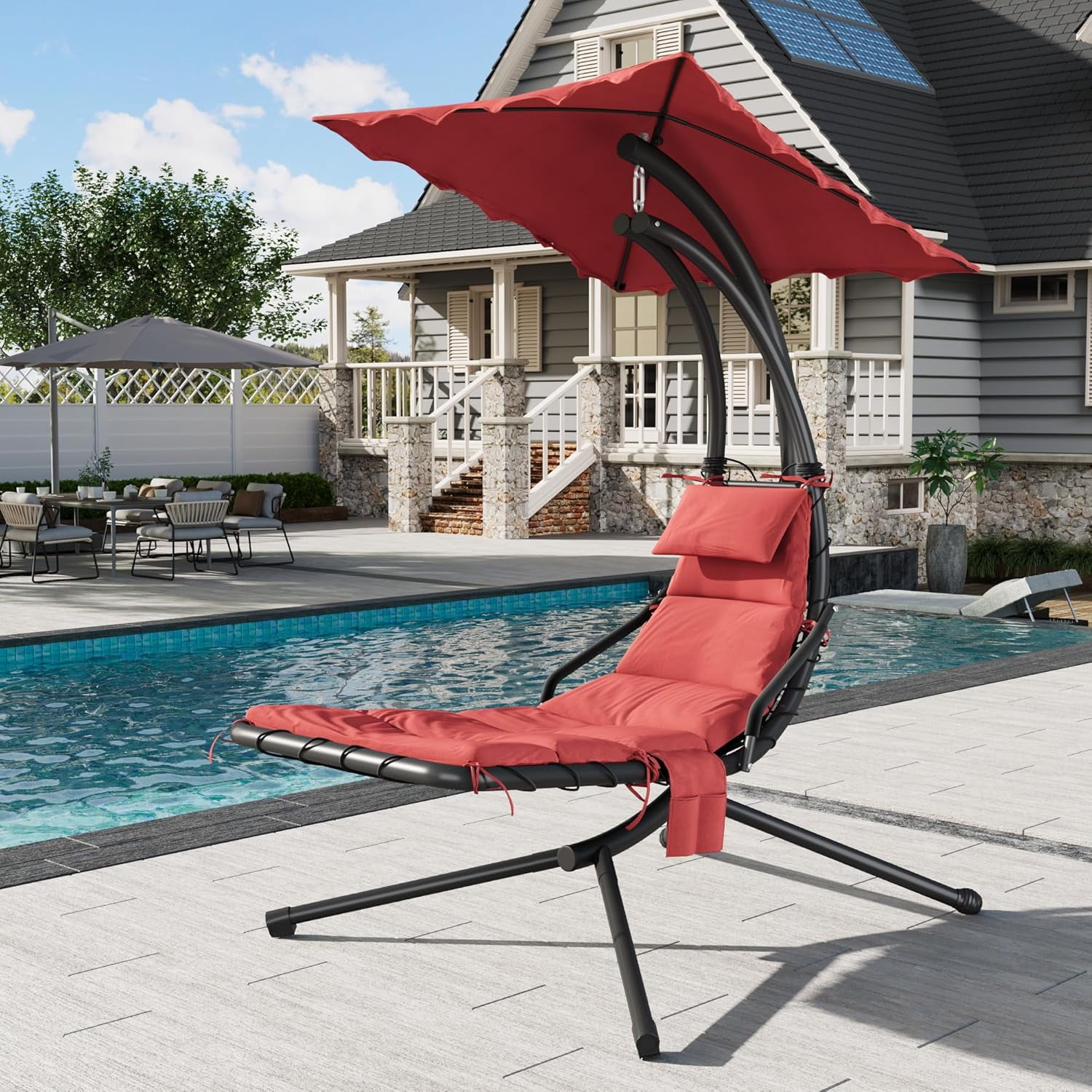 Senfot Dream Hammock, Iron + Cloth Cushion + Sunshade Canopy, Comfortable Outdoor Hammock for Backyard Red