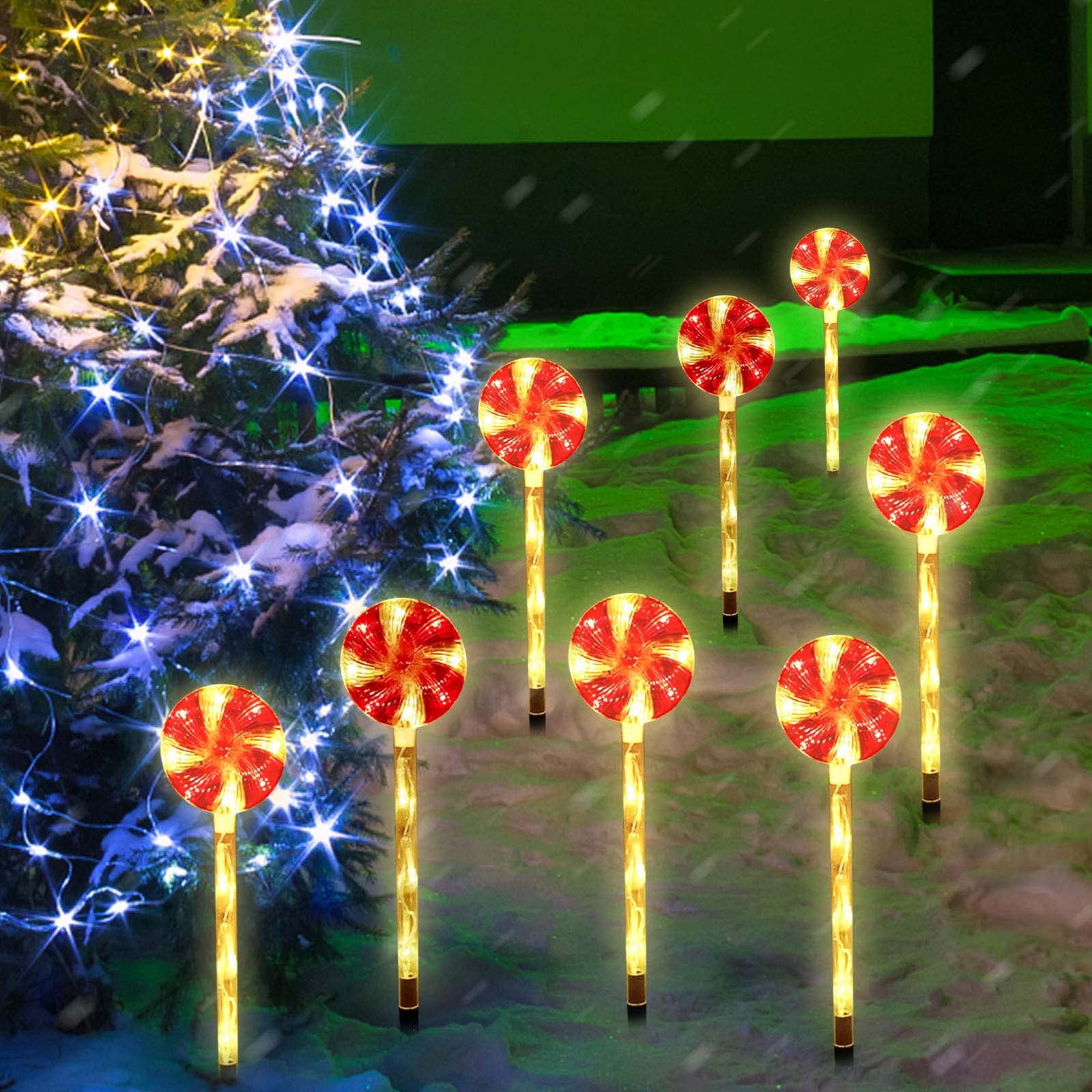 ADruer 8 Pack Christmas Lights Outdoor, 44 LED Lollipop Peppermint Lights Christmas Stakes, Candy Cane Christmas Decorations with Warm White Light for Xmas Holiday Patio Yard