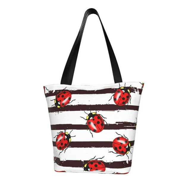 Balery Ladybugs on Black and White Striped1 Bolsa de Hombro con Diseño, Bolsa Grande y Duradera, Bolsa Versátil para Compras